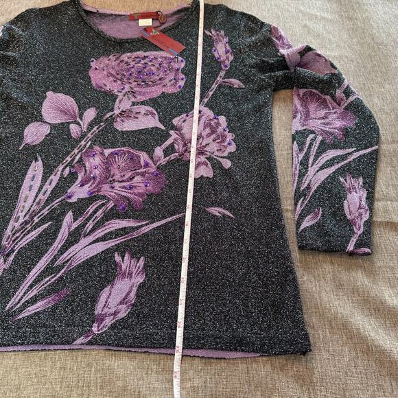 NWT Vtg Elegant Sequins Floral Shimmering Black & Purple Violet Long Sleeve Top - Picture 6 of 10